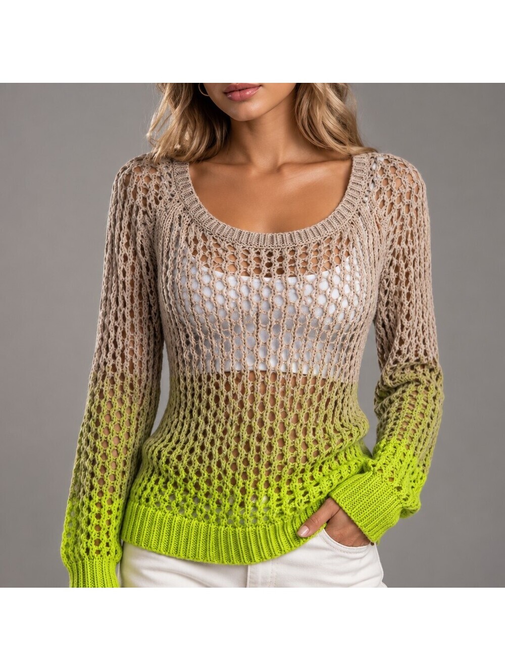 Ethereal Boho Ombre Open Knit Cable Mesh Slouchy Pullover Sweater S Neon 5134